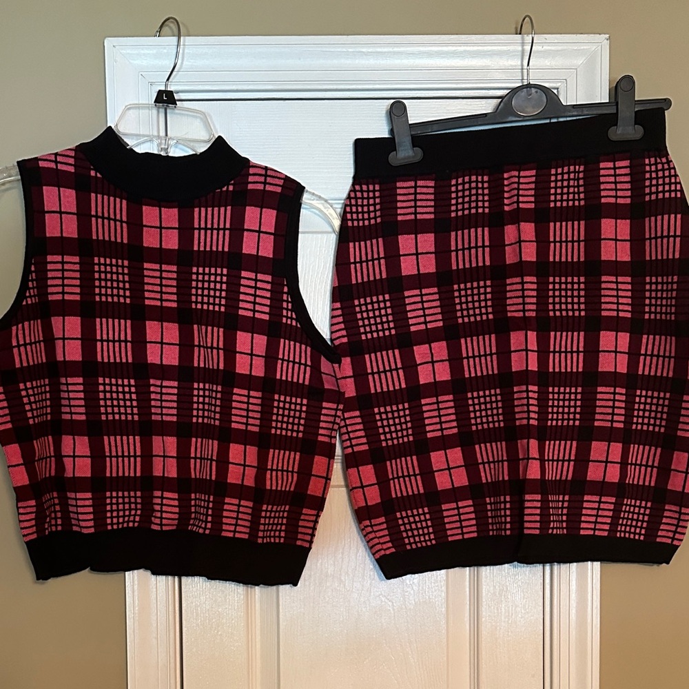 Ashley Stewart Black and Pink Plaid Sweater Set